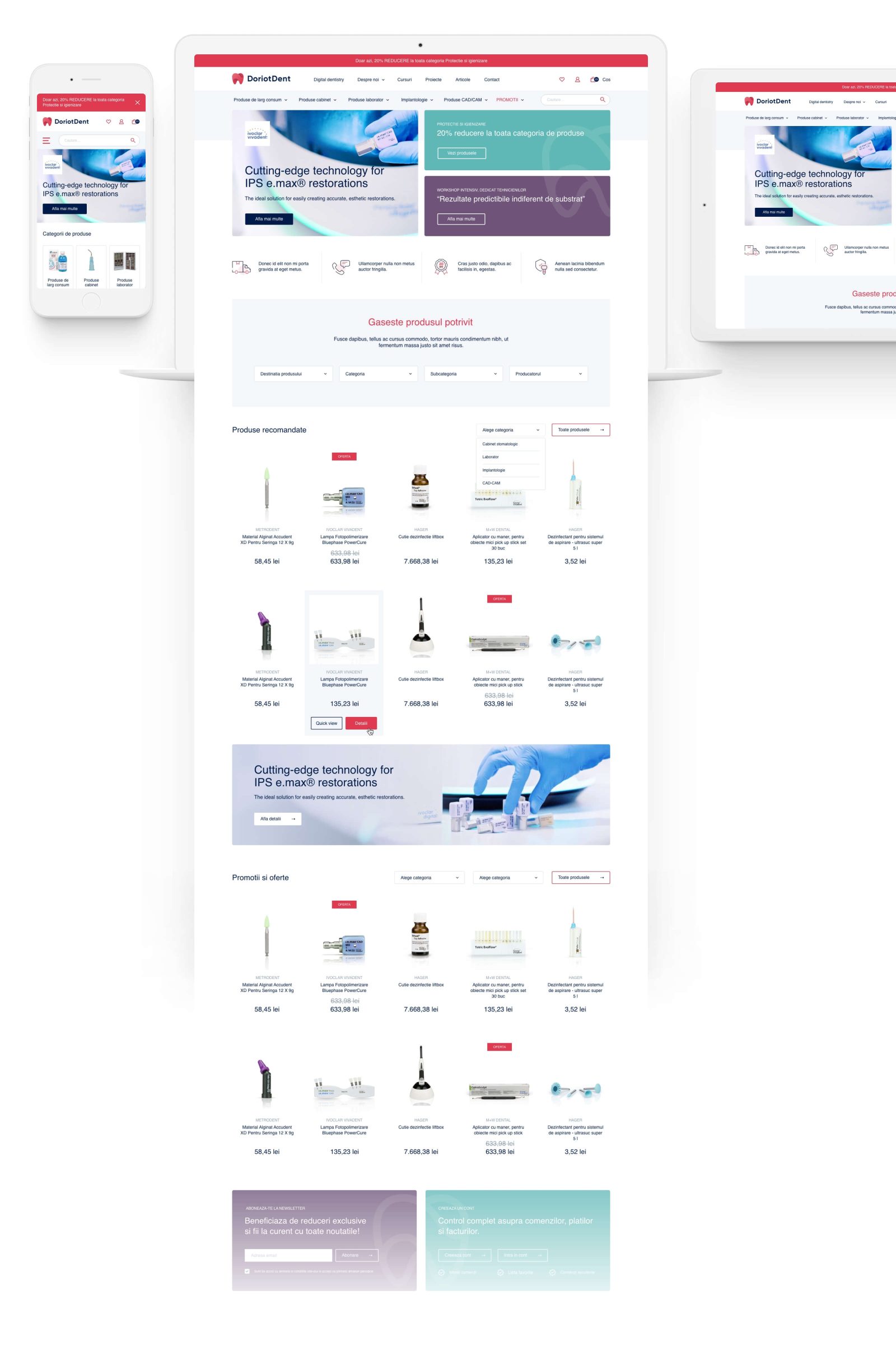 Product page design for dental equipment and supplies.