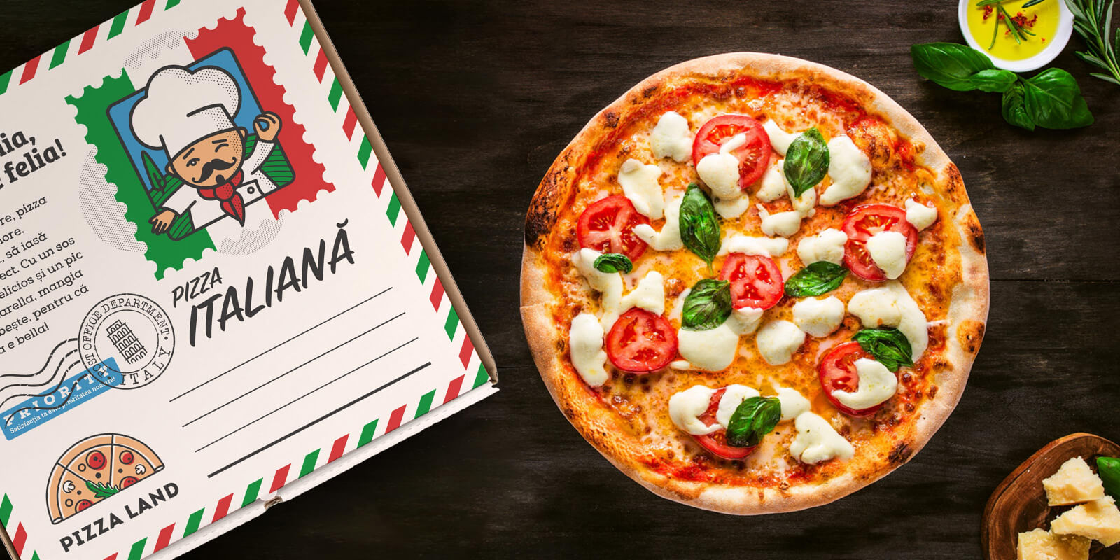 Overhead shot of PizzaLand specialty pizza with fresh toppings.