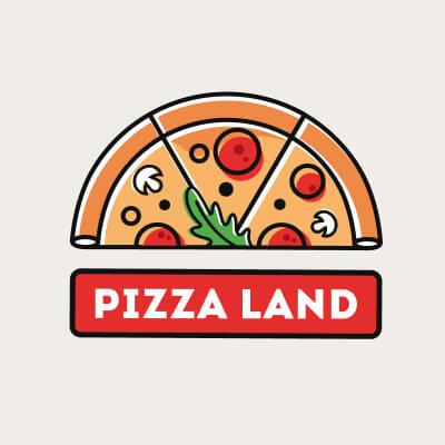 PizzaLand logo design with playful character illustrations.