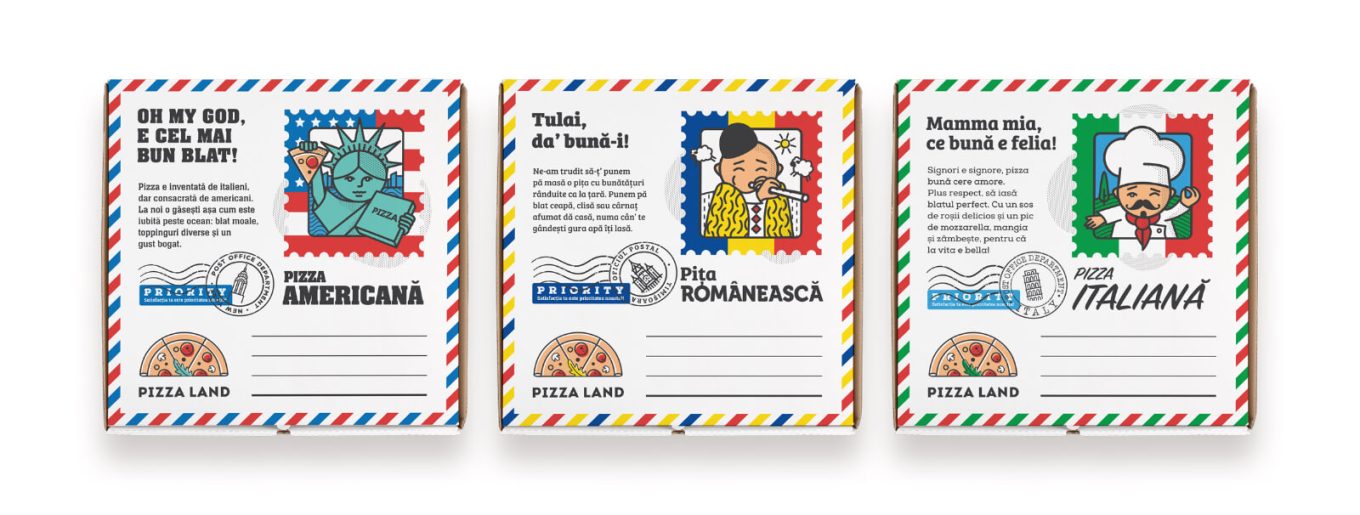 Pizza box packaging with custom PizzaLand branding.
