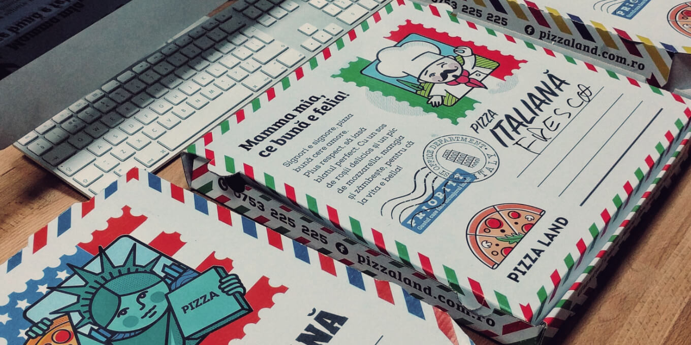 Pizza box packaging with custom PizzaLand branding.