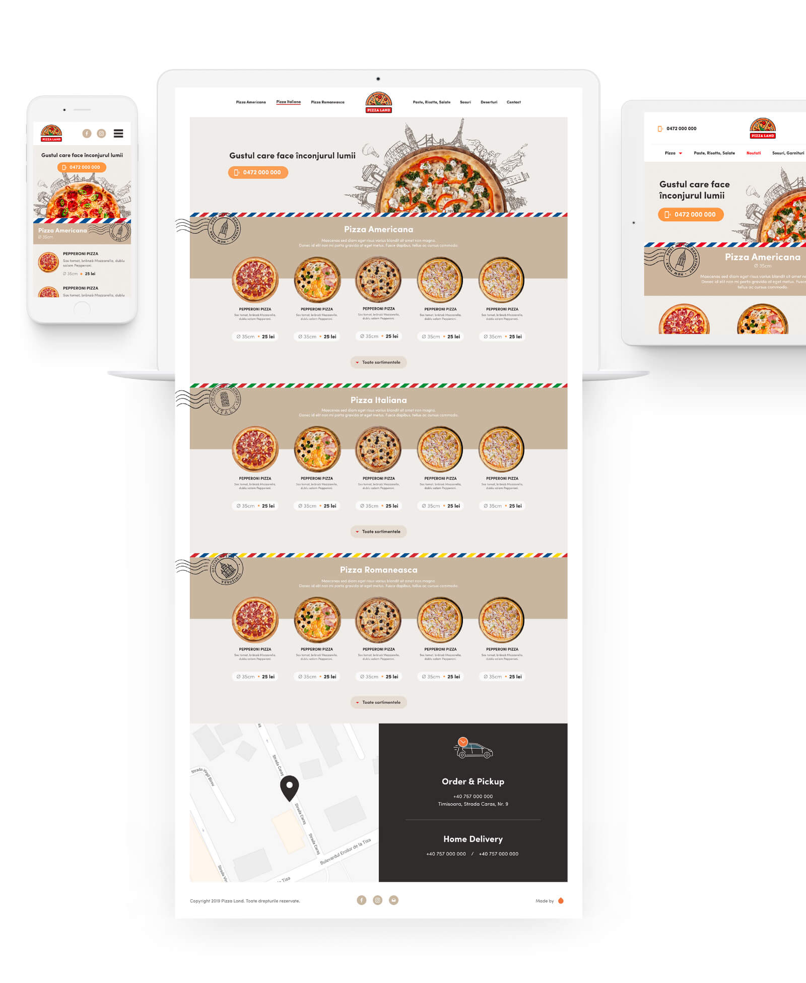 PizzaLand website homepage showcasing vibrant branding and online ordering.