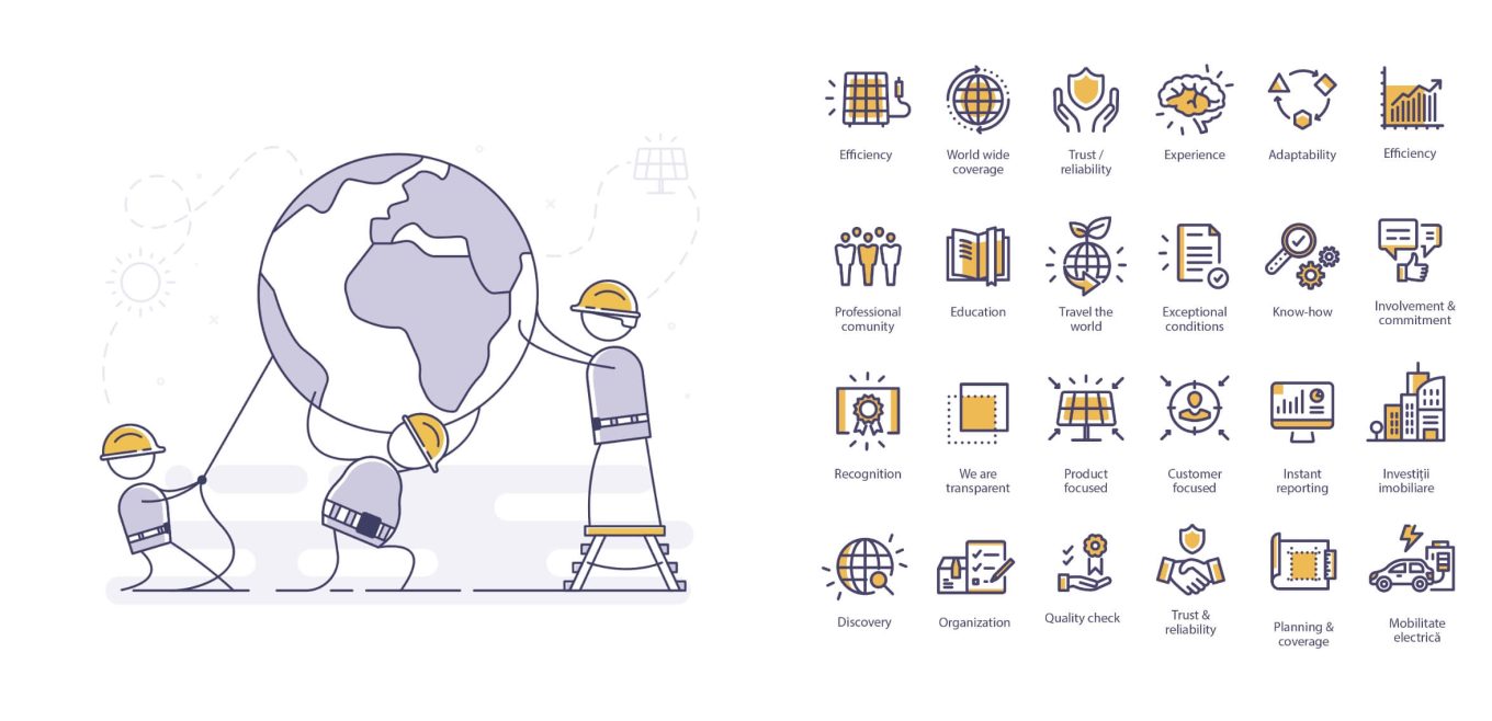Custom illustrations explaining clean energy processes.