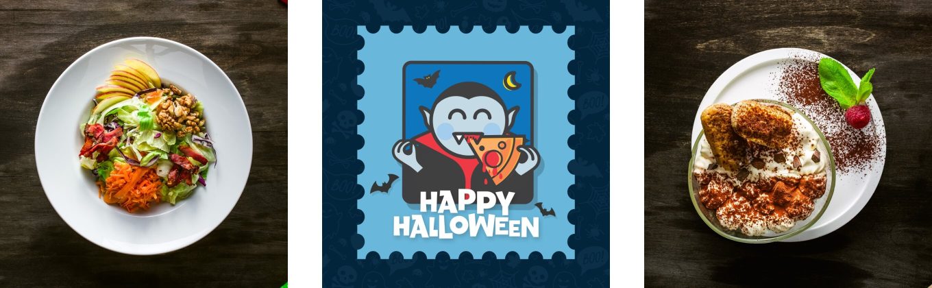 PizzaLand logo design with playful character illustrations.