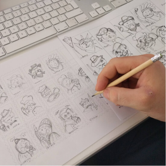 PizzaLand logo design with playful character illustrations.