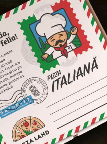 Pizza box packaging with custom PizzaLand branding.