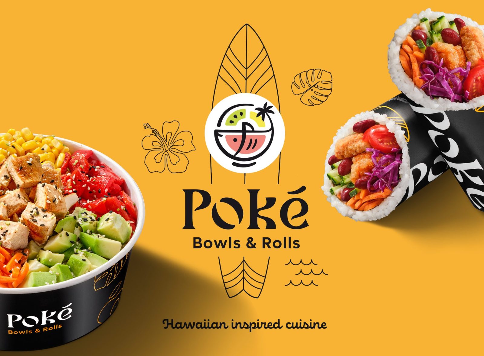 Overhead shot of a signature Poké bowl & roll with vibrant toppings.
