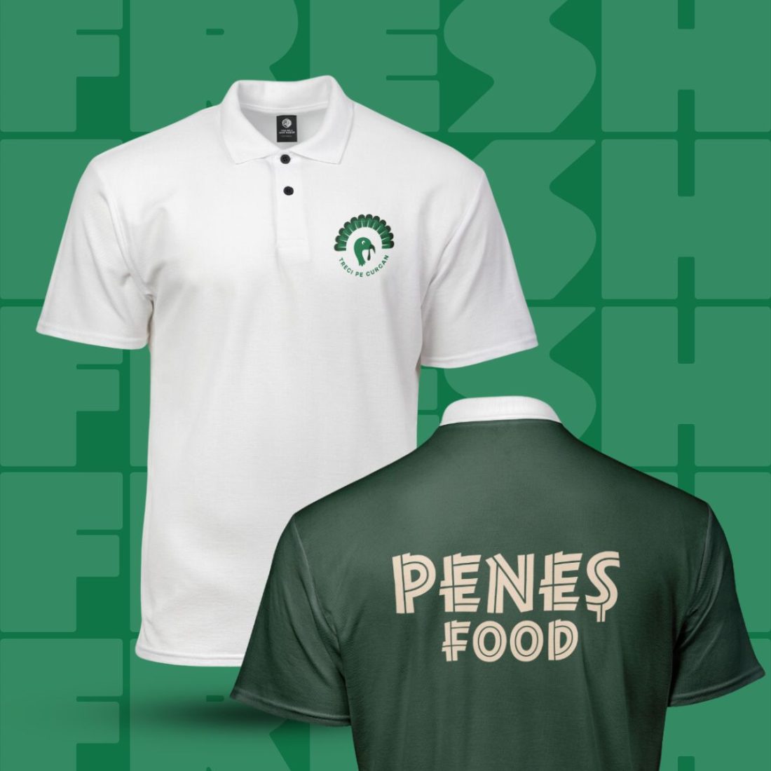 Collage of Peneș Food branding across web, packaging, and marketing.