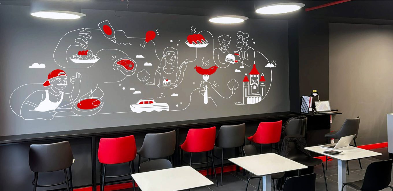 Restaurant interior with new brand identity elements.