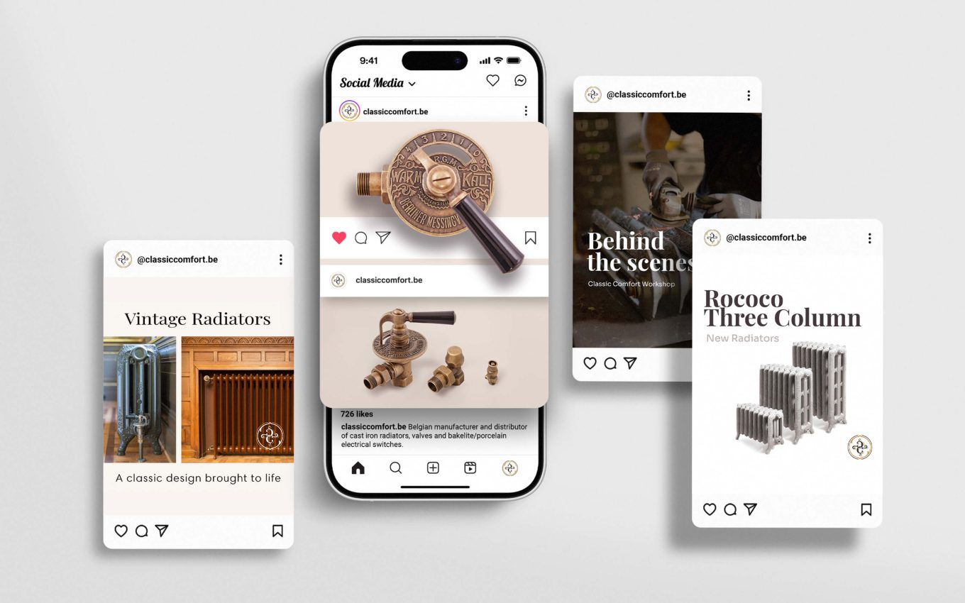 Collage of Classic Comfort branding across social media.