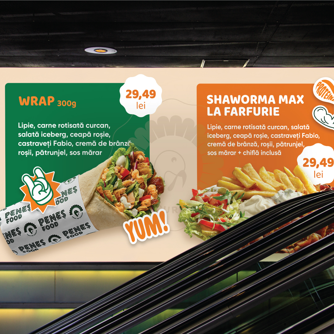 Collage of Peneș Food branding across web, packaging, and marketing.