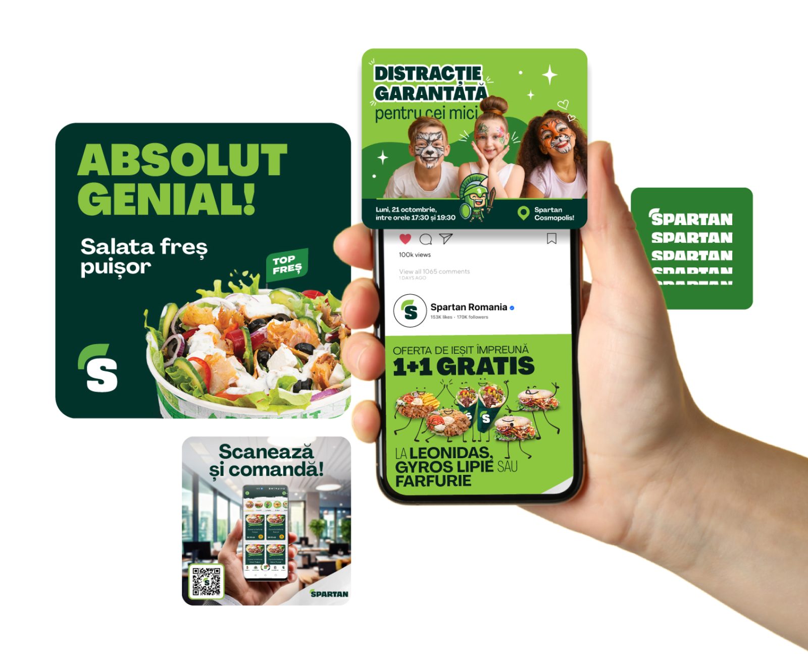 Collage showing Spartan rebranding across digital and in-store touchpoints.