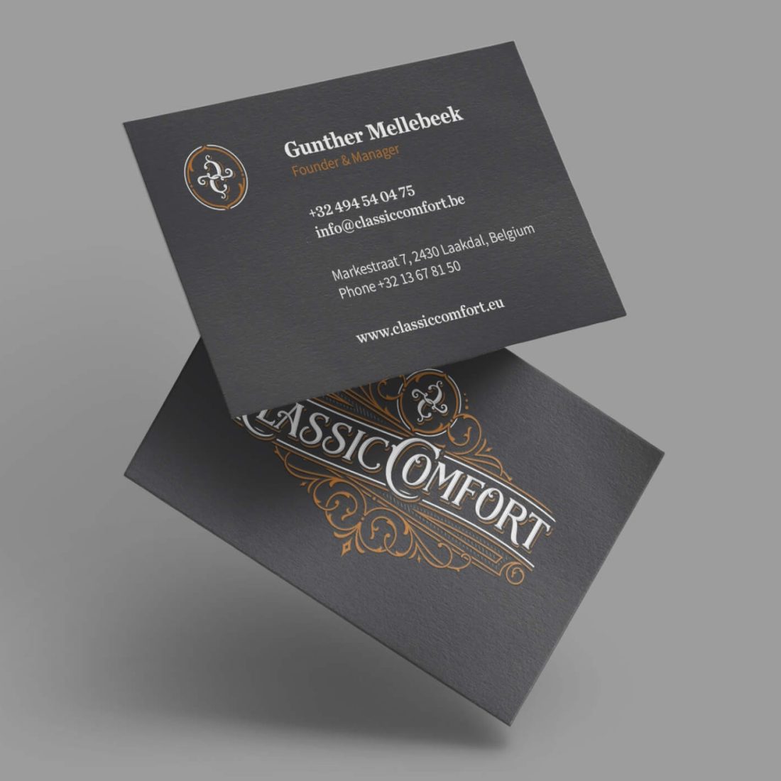 Branded Classic Comfort business cards and printed materials.