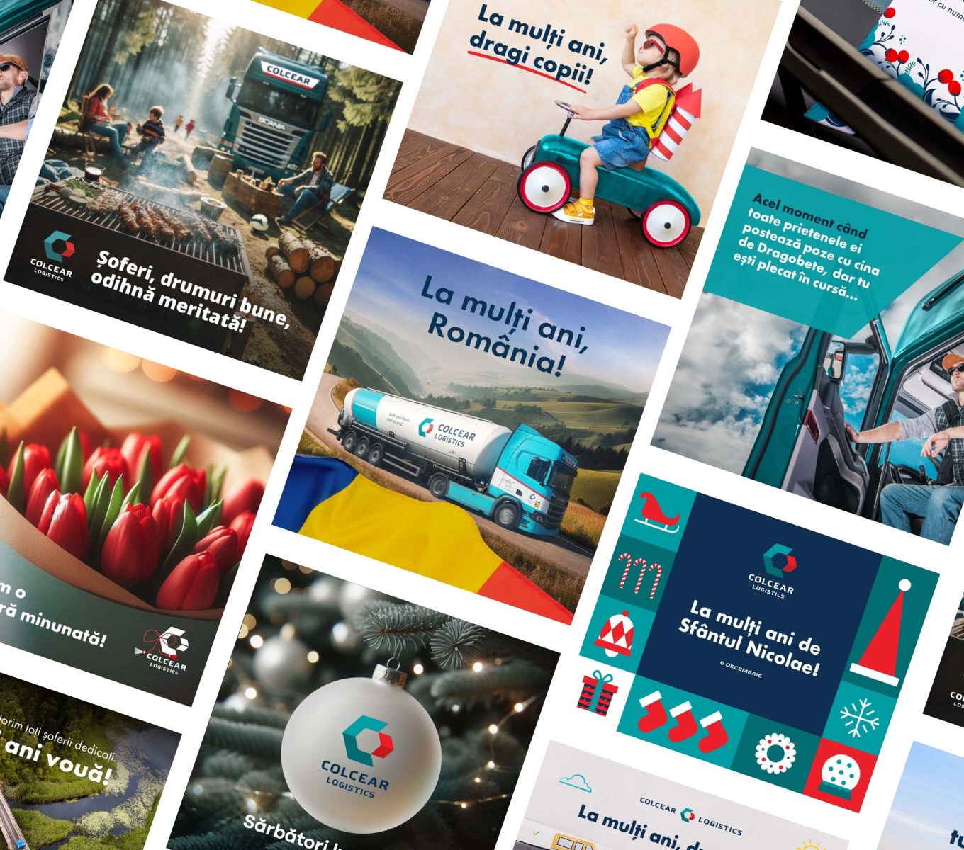 Collage of Colcear Logistics branding across print and online media.