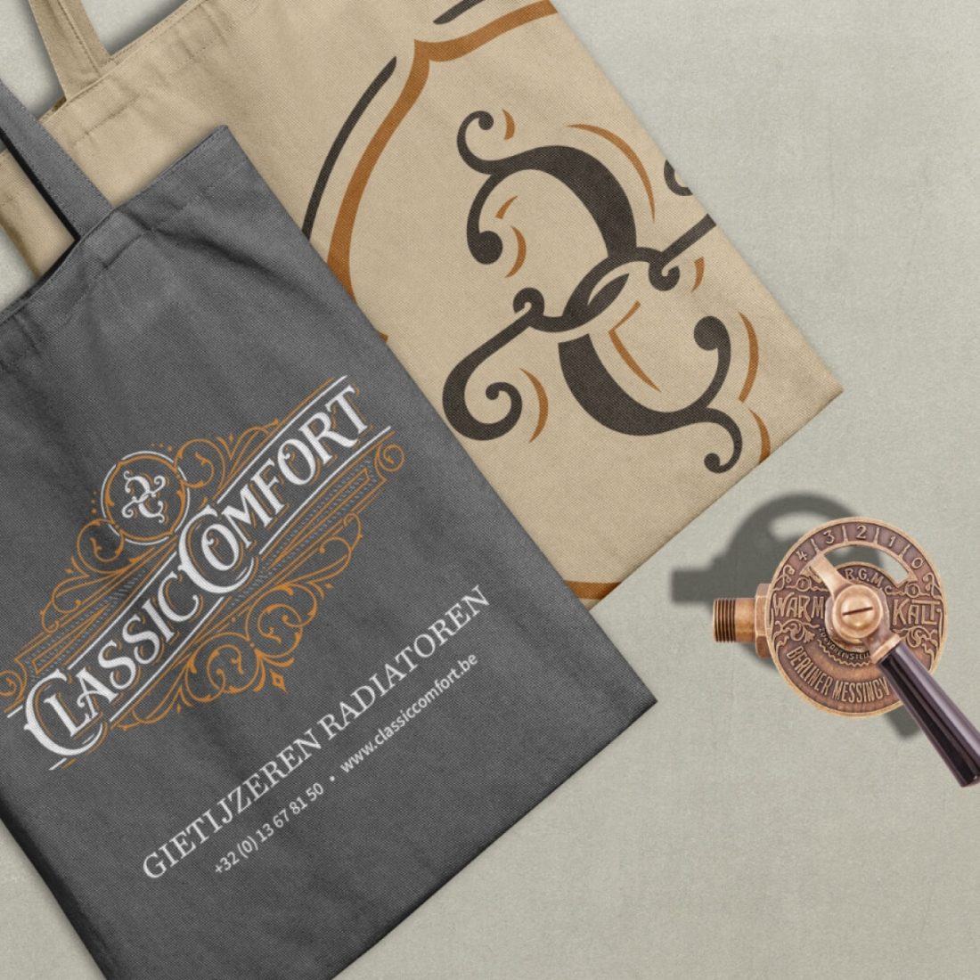 Branded Classic Comfort tote bag and printed materials.