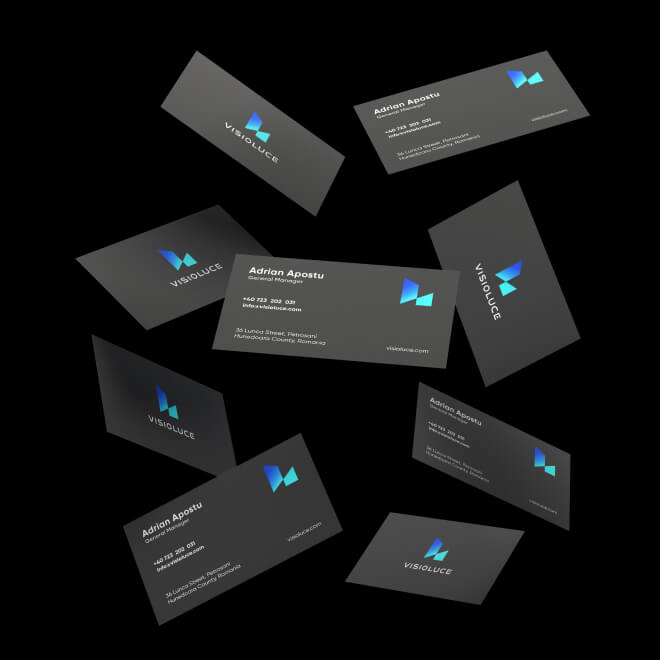 Branded stationery set for Visioluce including business cards and letterhead.