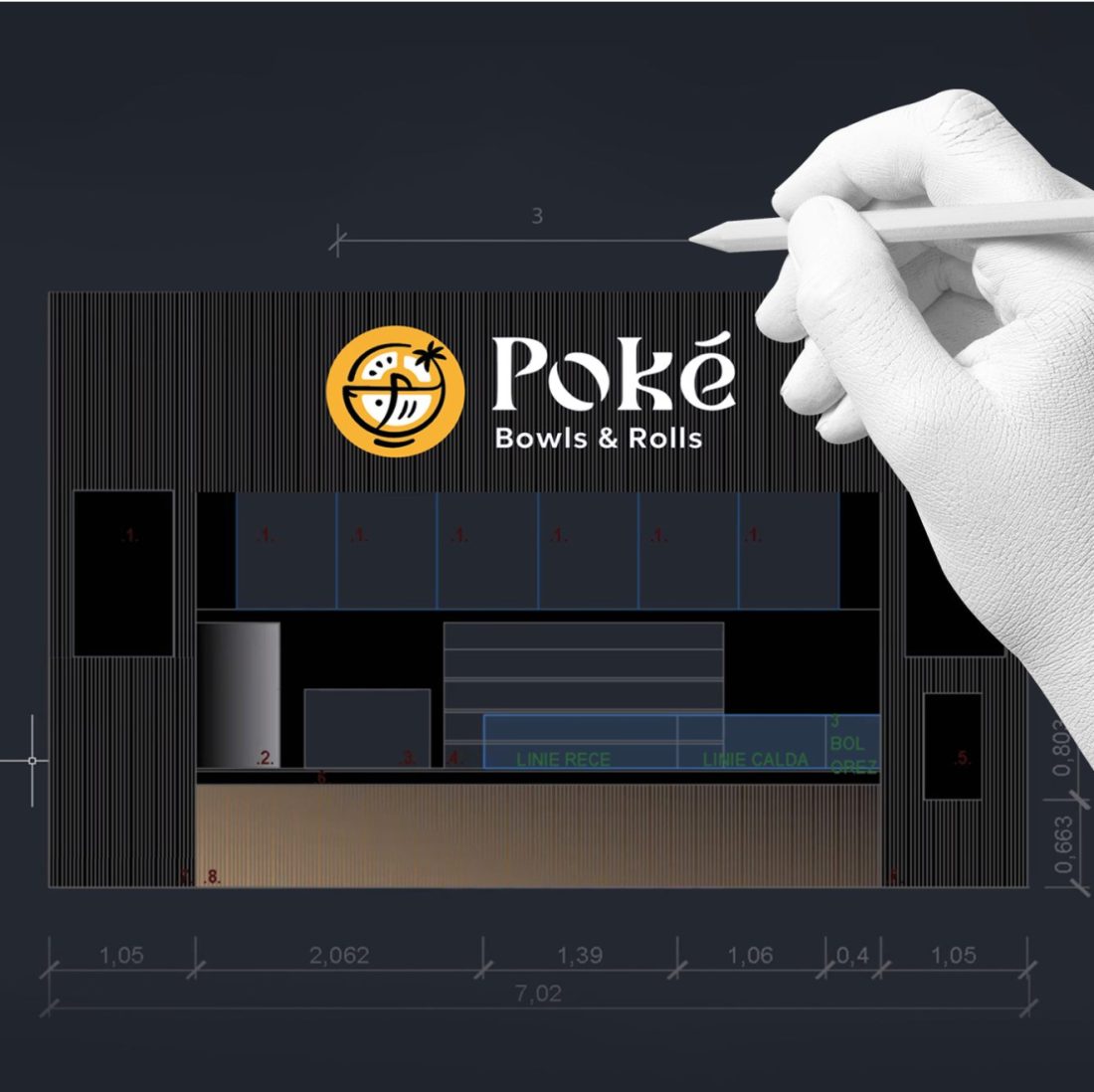 Interior design of Poké restaurant location in Iulius Mall.