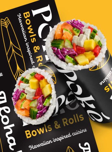 Overhead shot of a signature Poké rolls with vibrant toppings.