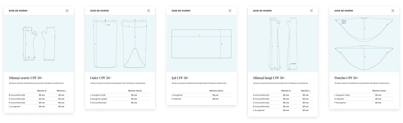 Product page layout for Soari UV protection apparel