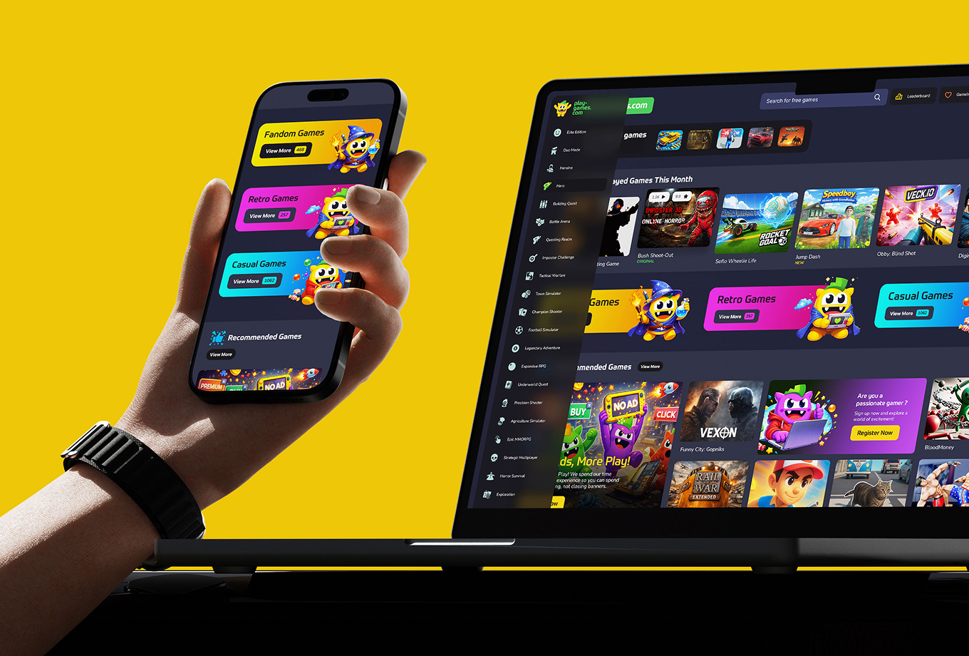 Website in mobile and desktop versions with the new play-games visual identity created by the Rainfall agency.