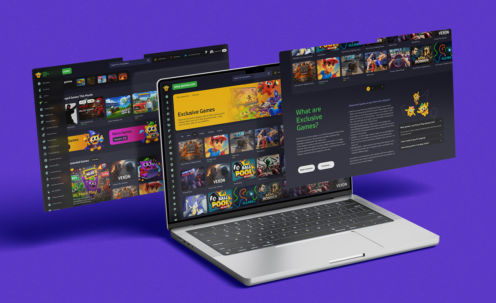 Website in desktop version with the new play-games visual identity created by the Rainfall agency.