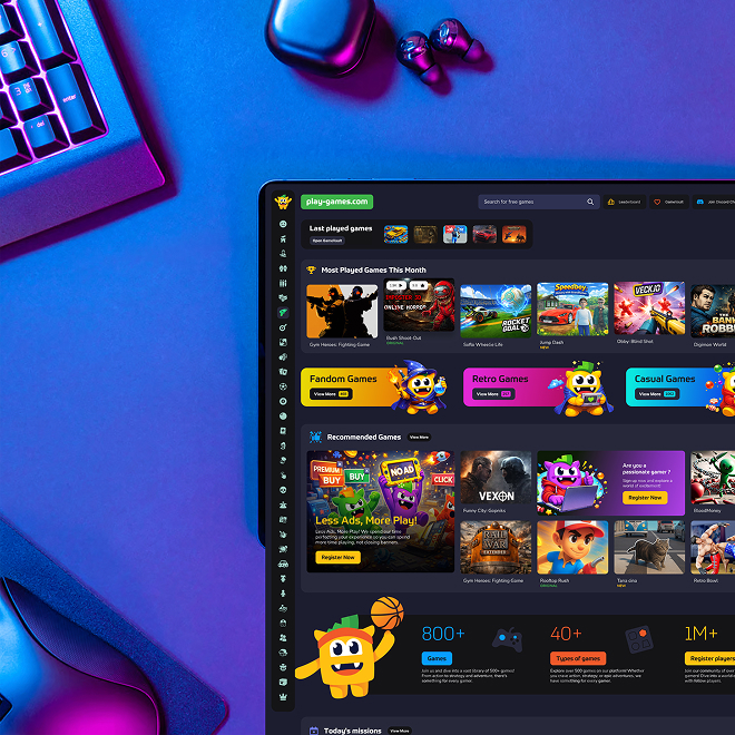 Tablet version website with the new play-games visual identity created by the Rainfall agency.