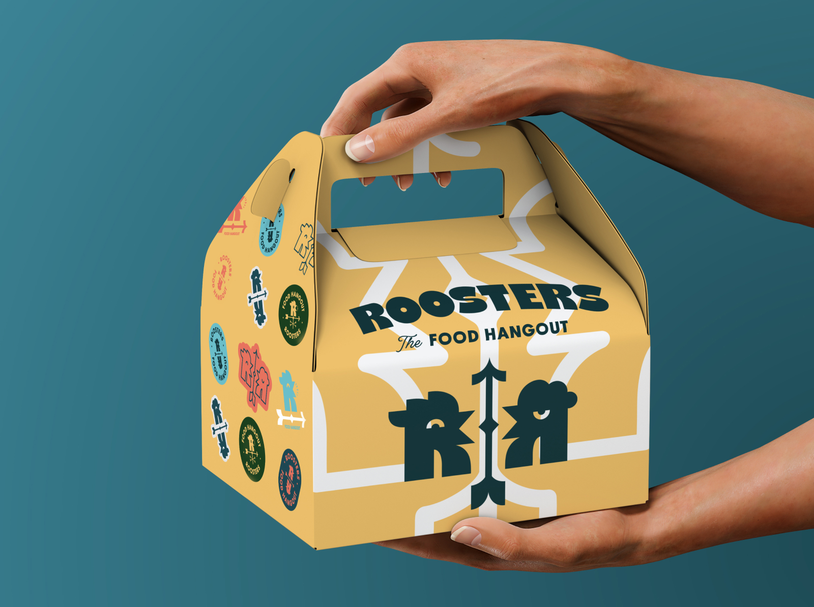 Branding and visual identity for Roosters fried chicken restaurant in Arad, created by Rainfall