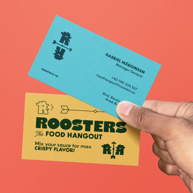Roosters visual identity applied across printed materials, packaging, and restaurant branding elements