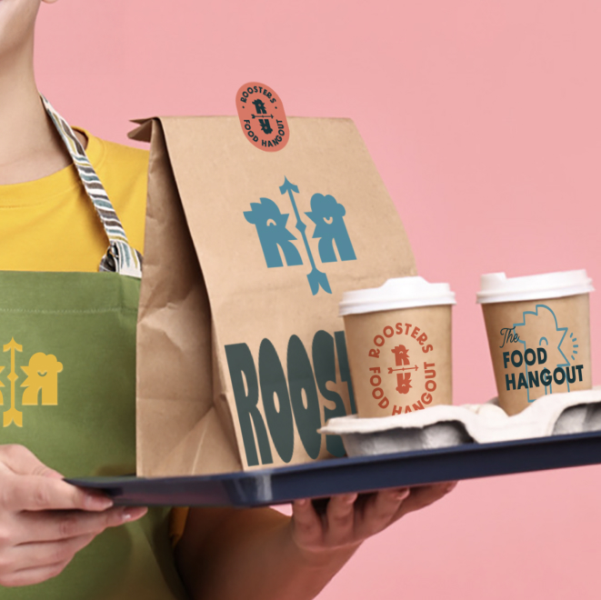 Roosters visual identity applied across printed materials, packaging, and restaurant branding elements