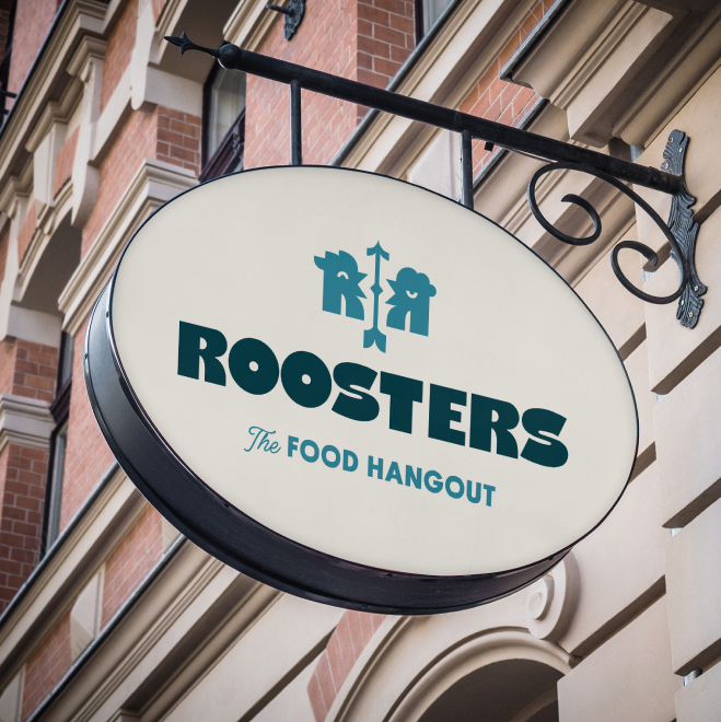 Restaurant signage and exterior branding elements for the Roosters fried chicken brand