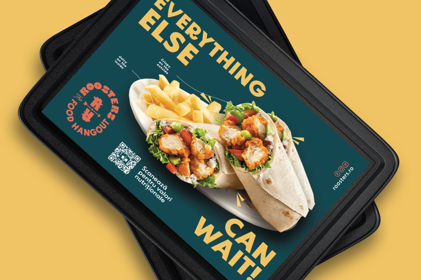 Roosters visual identity applied across printed materials, packaging, and restaurant branding elements
