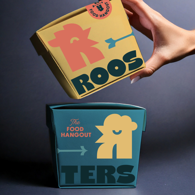 Custom packaging design for the Roosters brand including boxes, bags, and wrapping paper