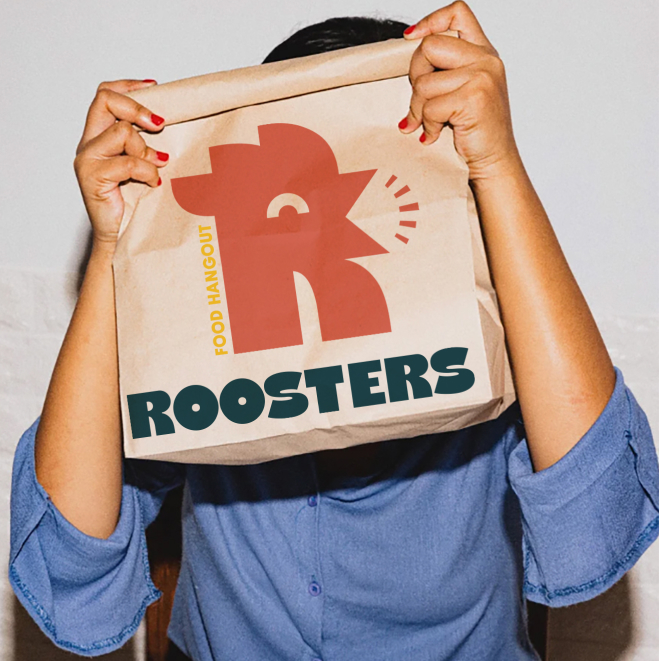 Custom packaging design for the Roosters brand including boxes, bags, and wrapping paper