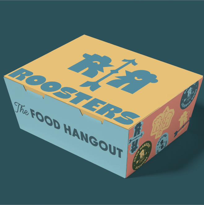 Custom packaging design for the Roosters brand including boxes, bags, and wrapping paper