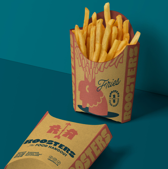 Custom packaging design for the Roosters brand including boxes, bags, and wrapping paper