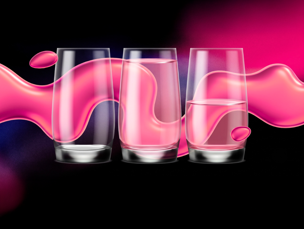 An image depicting glasses that are half-full or half-empty, depending on the reader's perspective.