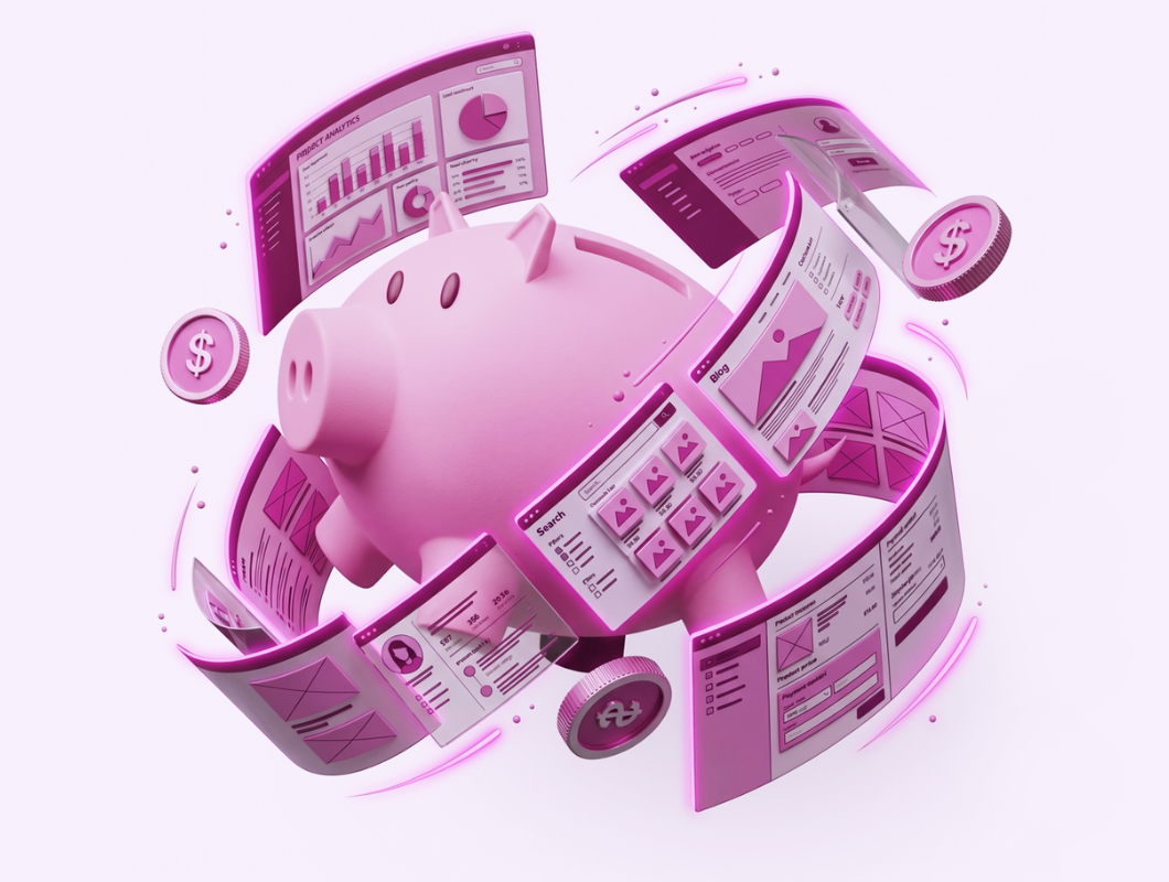 Image of a piggy bank surrounded by website design elements to represent the cost of a website.