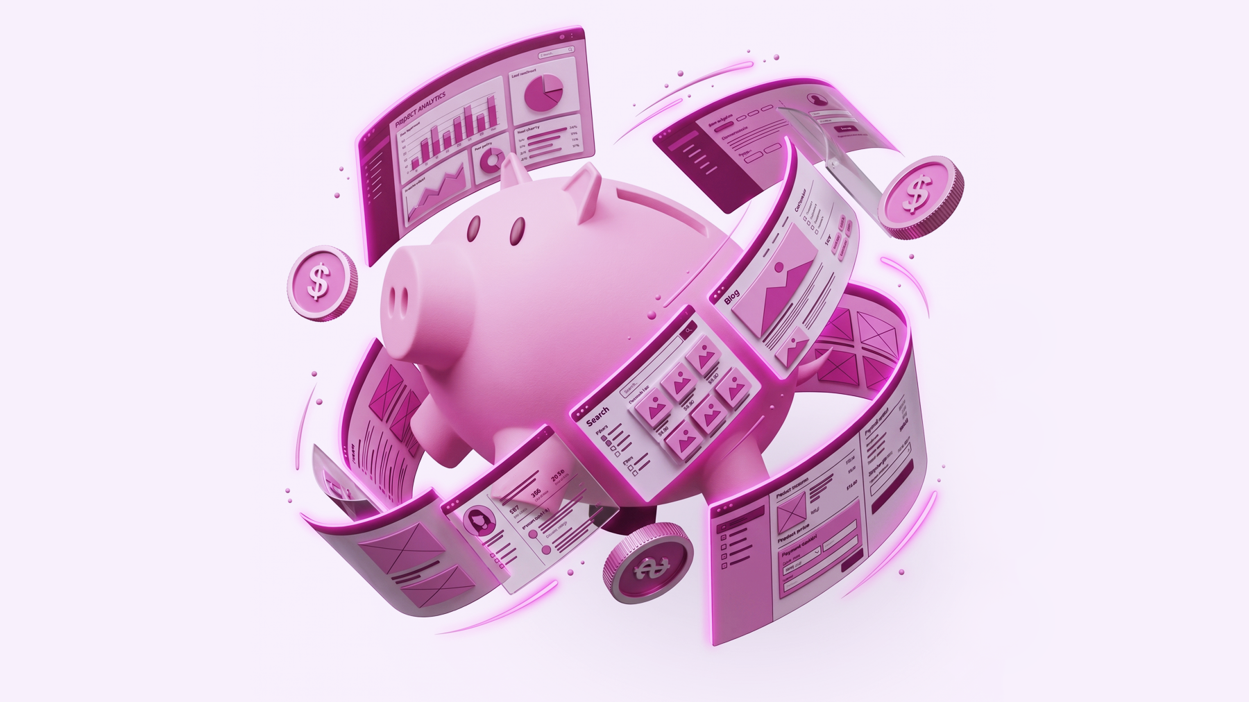 Image of a piggy bank surrounded by website design elements to represent the cost of a website.