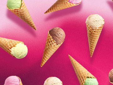 An image of ice cream cones against a pink background, illustrating how design and strategy work together to build a brand.